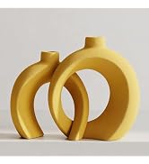 Set of 2 Yellow Ceramic Vases for Home Decor Accents - Unique Hollow Donut Artistic Design Mid-Ce...