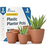 Terracotta Plant Pots with Drainage Holes & Saucers 5 Pack, Indoor & Outdoor Stackable Space-Savi...