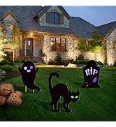 CCINEE 3Pcs Halloween Black Yard Signs, Glow in Dark Prelit Scary Cat Ghost Tombstone Lawn Patio ...