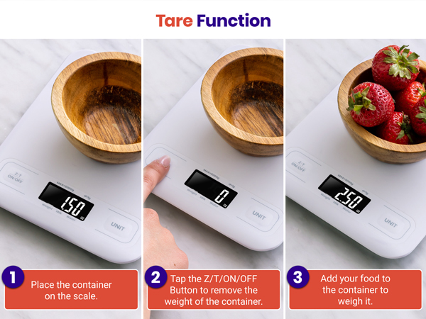 Press tare button to get food's pure weight easily.
