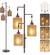 Hotsonic 72" Tall Boho Rattan Style Floor Lamp with Hand-Woven Paper Cord Shade, Dimmable Industr...
