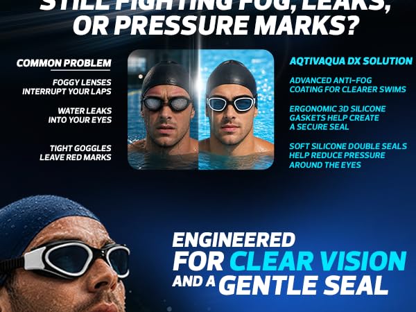 AqtivAqua DX swim goggles with anti-fog lenses, soft seal, and leak protection