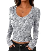 LOMON Long Sleeve Shirts for Women Deep V Neck T-Shirt Ribbed Knit Slim Fit Casual Basic Crop Top...
