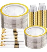 I00000 350 Pcs Clear and Gold Plastic Plates, Gold Disposable Plates, Include 50 Dinner Plates 10...