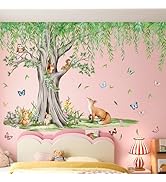 AM AMAONM Large Removable Watercolor Tree with Hanging Green Leaves Vine Wall Sticker Cartoon Ani...