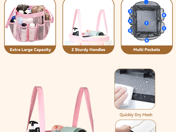 Heavy-duty nylon mesh Waterproof Large drainage hole Double handle Quick dry Key hook 2 tags