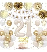 Froova 21st Birthday Decorations for Her, Beige Gold White Birthday Balloons Happy 21st Banner Ca...