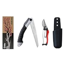 Collection of gardening or pruning tools including folding saw, pruning shears, and carrying case displayed with tree branch illustrations.