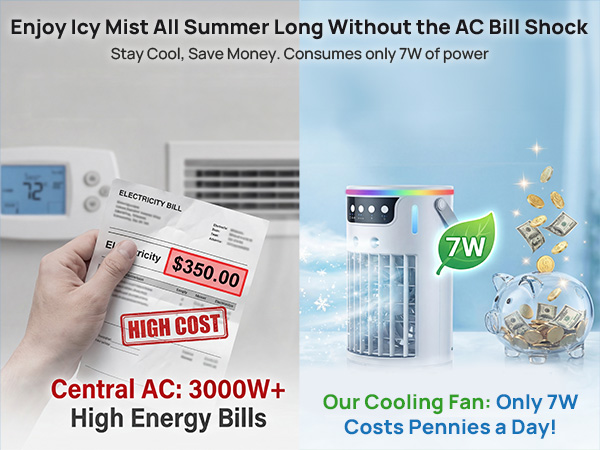 High bills vs low bills: personal evaporative cooler, only 7W, saves money daily