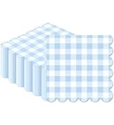CaliLain 50 PCS Gingham Napkins Disposable; 3-ply Light Blue Checkered Napkins; Plaid Scalloped C...