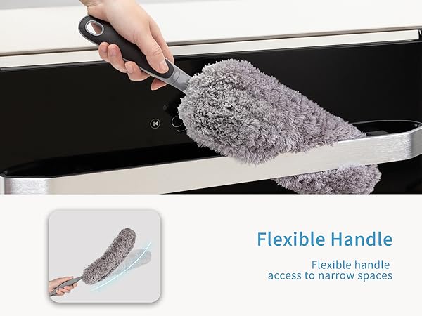 Extendable duster with gray microfiber head cleaning baseboard. Inset image shows flexible handle for reaching narrow spaces.