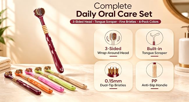 6 Pack Multicolor 3-Sided Wrap-Around Manual Toothbrushes with 0.15mm Dual-Tip Fine Bristles