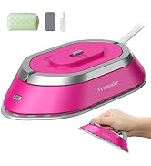 Compact pink and silver handheld steamer iron with water tank, shown with cleaning pad accessory and in-use demonstration.