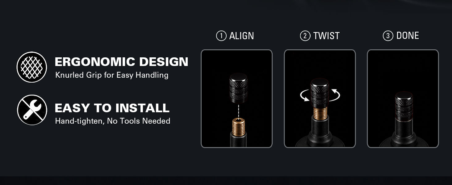 Text reads 'ERGONOMIC DESIGN', 'EASY TO INSTALL', 'ALIGN', 'TWIST', 'DONE'. Black background display showing three product installation steps with component close-ups demonstrating alignment, twisting, and completion methods.