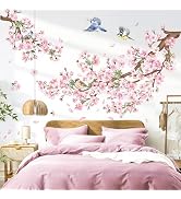 decalmile Cherry Blossom Branch Wall Decals Pink Floral Birds Wall Stickers Bedroom Living Room S...