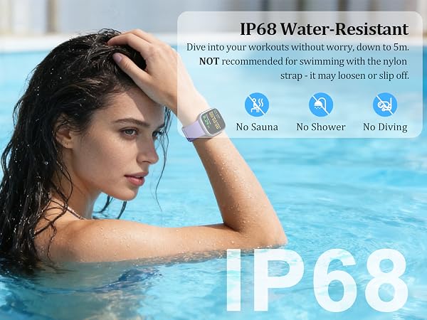 Text reads 'IP68 Water-Resistant'. Marketing images showing water resistance feature with swimming-related scenes demonstrating waterproof capabilities.