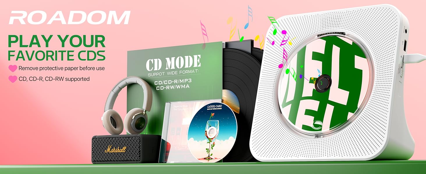 ROADOM portable CD player plays CD, CD-R, CD-RW, MP3, WMA formats on desk with retro vinyl aesthetic