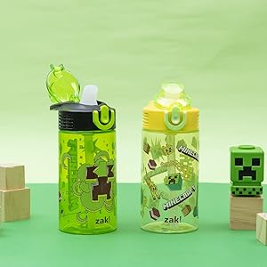 Plastic kids bottles with Minecraft artwork and props