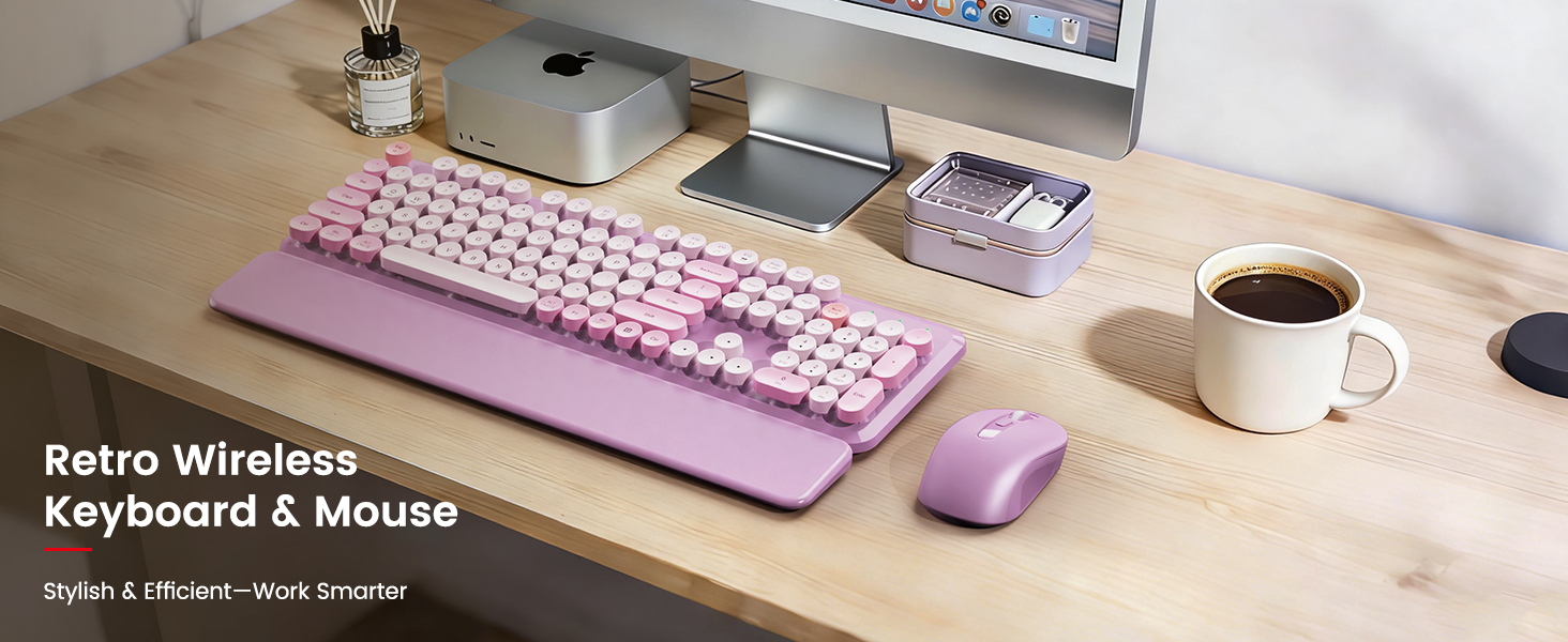 Lavender purple retro wireless keyboard and mouse with magnetic wrist rest on a wooden desk