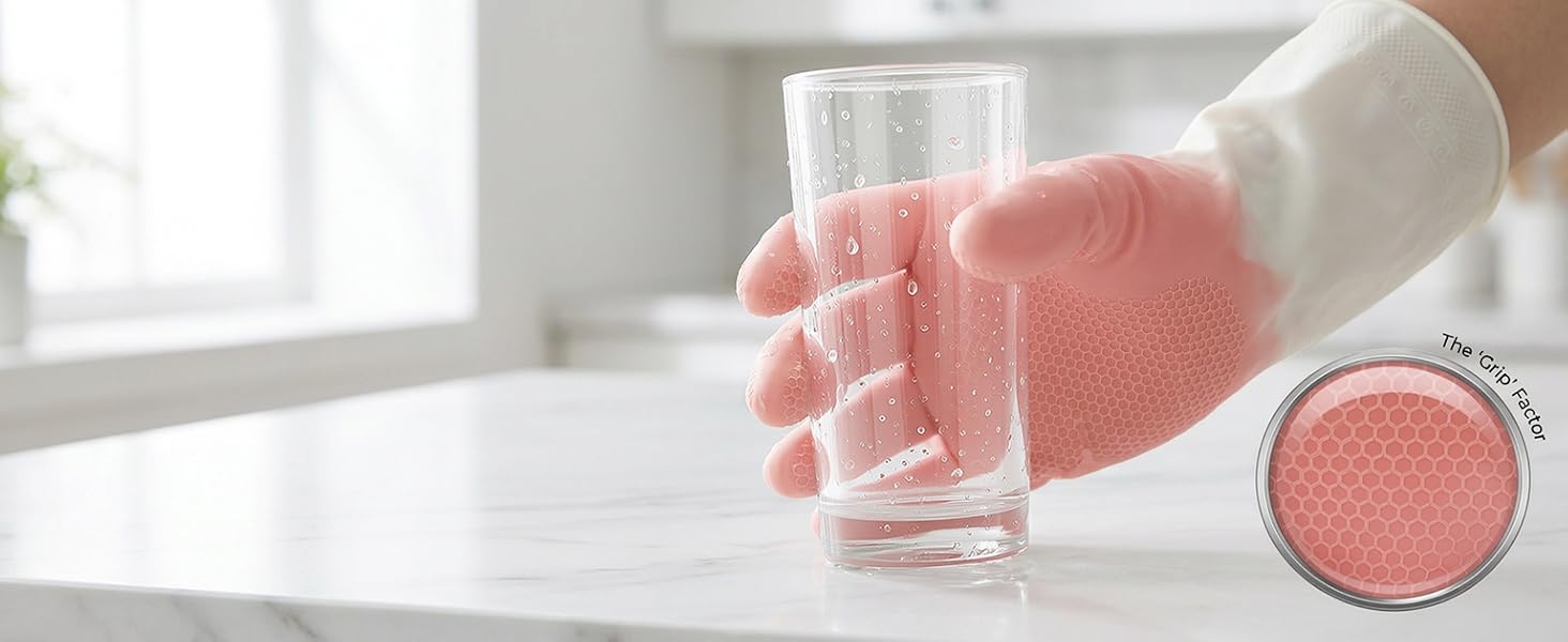 Pink gradient cleaning gloves with non-slip honeycomb grip for secure handling.