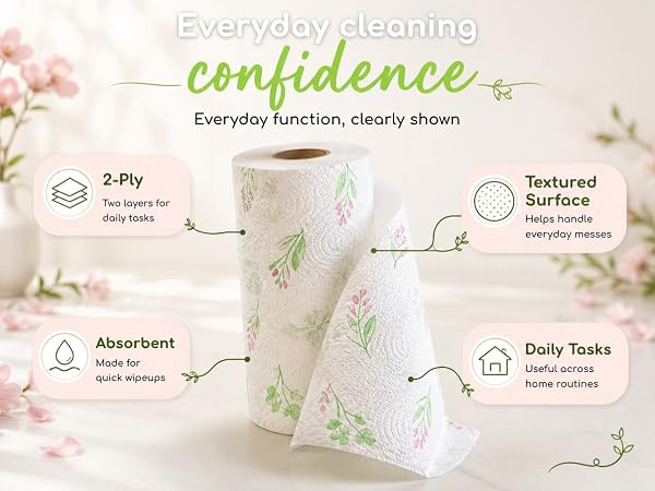 Unrolled paper towel sheet highlighting quilted texture, softness and quick liquid absorption