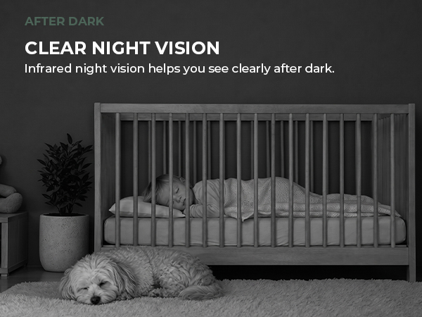 Dark nursery scene viewed clearly by the indoor camera at night.