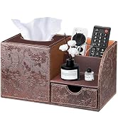 YAPISHI Square Tissue Box Cover with Storage Drawer, PU Leather Facial Tissues Cube Boxes Holder ...