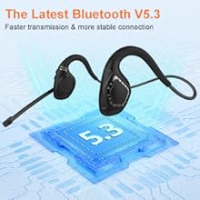 Black wireless earphones with microphone boom featuring Bluetooth V5.3 technology, designed with over-ear hooks for stable fit.