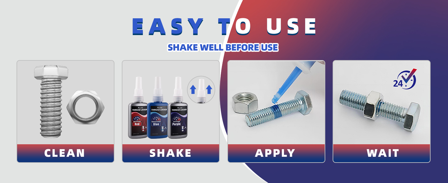Threadlocker Purple Blue and Red, Low, Medium and High Strength Thread Locker