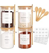 CZZGSM Glass Jar with Bamboo Lid and Spoon - 4 Pcs 17 oz Sugar Container with 132 Food Pantry Lab...