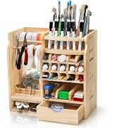 Mezchi Wooden Art Supply Organizer with Adjustable Compartments, Paint Brush & Marker Storage Hol...