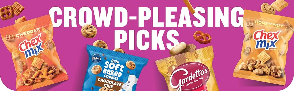 Chex Mix, Pillsbury Cookies, and Gardetto’s snacks with the words crowd-pleasing picks
