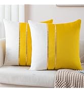 ZLINA Set of 2 Velvet Decorative Throw Pillow Covers Yellow White Patchwork with Gold Leather Pil...