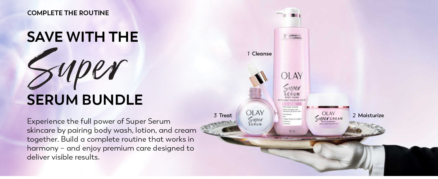 Super Serum products showcased on a silver platter