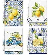 VISSTREE Lemon Kitchen Towels Set of 4, Blue and White Lemon Kitchen Dish Towel Decor, Microfiber...
