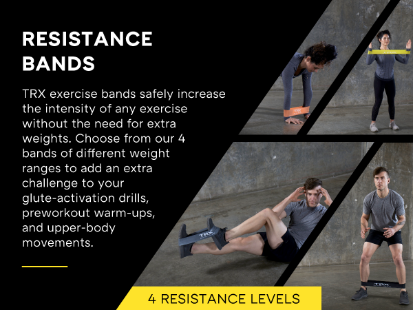 Four people using resistance ankle bands and armbands. Text reads: Resistance bands.