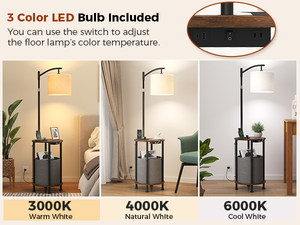 Floor lamp showing warm, natural, and cool white LED lighting options.