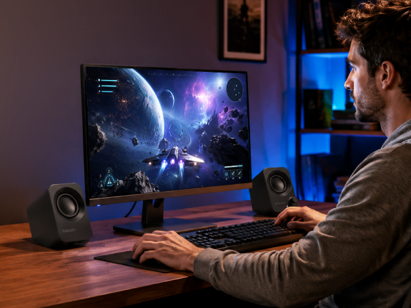 Man using FUNLOGY Speaker Plus at a home PC desk for gaming.
