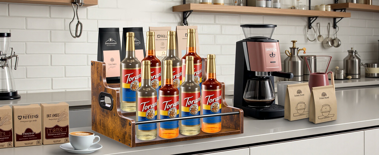Coffee syrup bottle organizer for home cafe, tiered stand for Torani syrups and accessories.