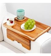 Dynamic-top Teak Wood Couch Tray with Dual Cup Holders, Couch Armrest Table, 2-in-1 Detachable An...