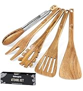 Edergoo Wood Cooking Utensils Set, 5 PCS Wooden Spoons for Cooking Includes Stainless/Wood Kitche...