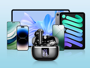 Collection of electronic devices including smartphones, tablets, and earbuds displayed on a light blue background.