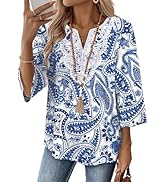WIHOLL 3/4 Length Sleeve Womens Tops Boho V Neck Lace Shirt Trendy Blouses Dressy Casual Vacation...