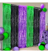 KatchOn, Green Black and Purple Foil Fringe Curtain - XtraLarge 3.2x6.5 Feet, Pack of 2 | Hallowe...