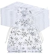 100Pcs Christmas Organza Gift Bags, 4x6 Snowflake Mesh Drawstring for Xmas Wedding Party Favor, J...