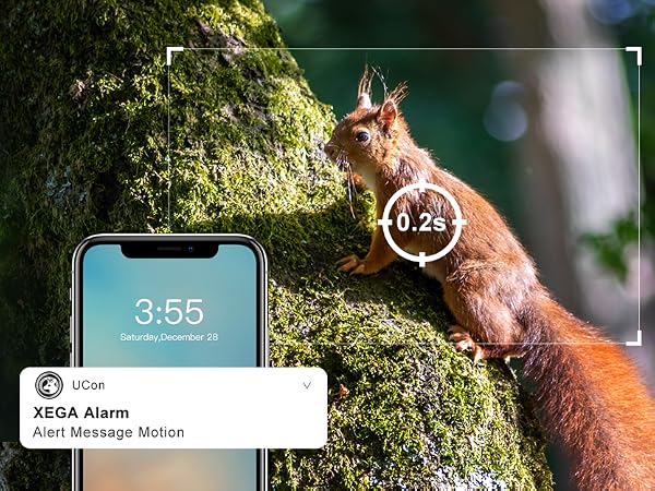 Smartphone screen displaying 3:55 time and ACCA Alarm notification, with wildlife scene in background showing natural setting.