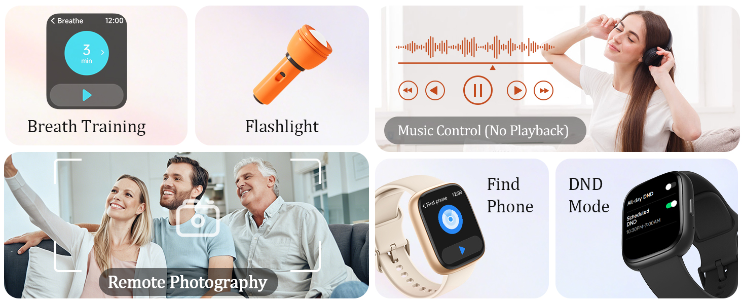 Text reads 'Breath Training, Flashlight'. Composite image showing mobile app interface icons, photography examples, and smartwatch features including music and photo capabilities.