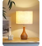 GOEBLESON Small Table Lamp, 14.2" Cute Little Desk Lamp with Wood Bottle-Shaped Base & Beige Line...