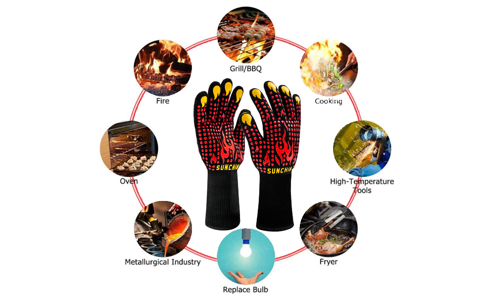 BBQ Fireproof Gloves Grill Cut-Resistant 1472°F Heat Resistant Gloves Non-Slip Silicone Oven Gloves