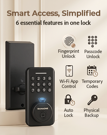 BAMoONE Wi-Fi smart door lock with six key access features.
